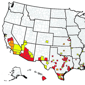 Counties where Aedes aegypti was reported between Jan. 1, 1995, and March 2016. Counties in yellow recorded one year ofA. aegypti being present; those shown in orange recorded two years; and those shown in red, three or more years.