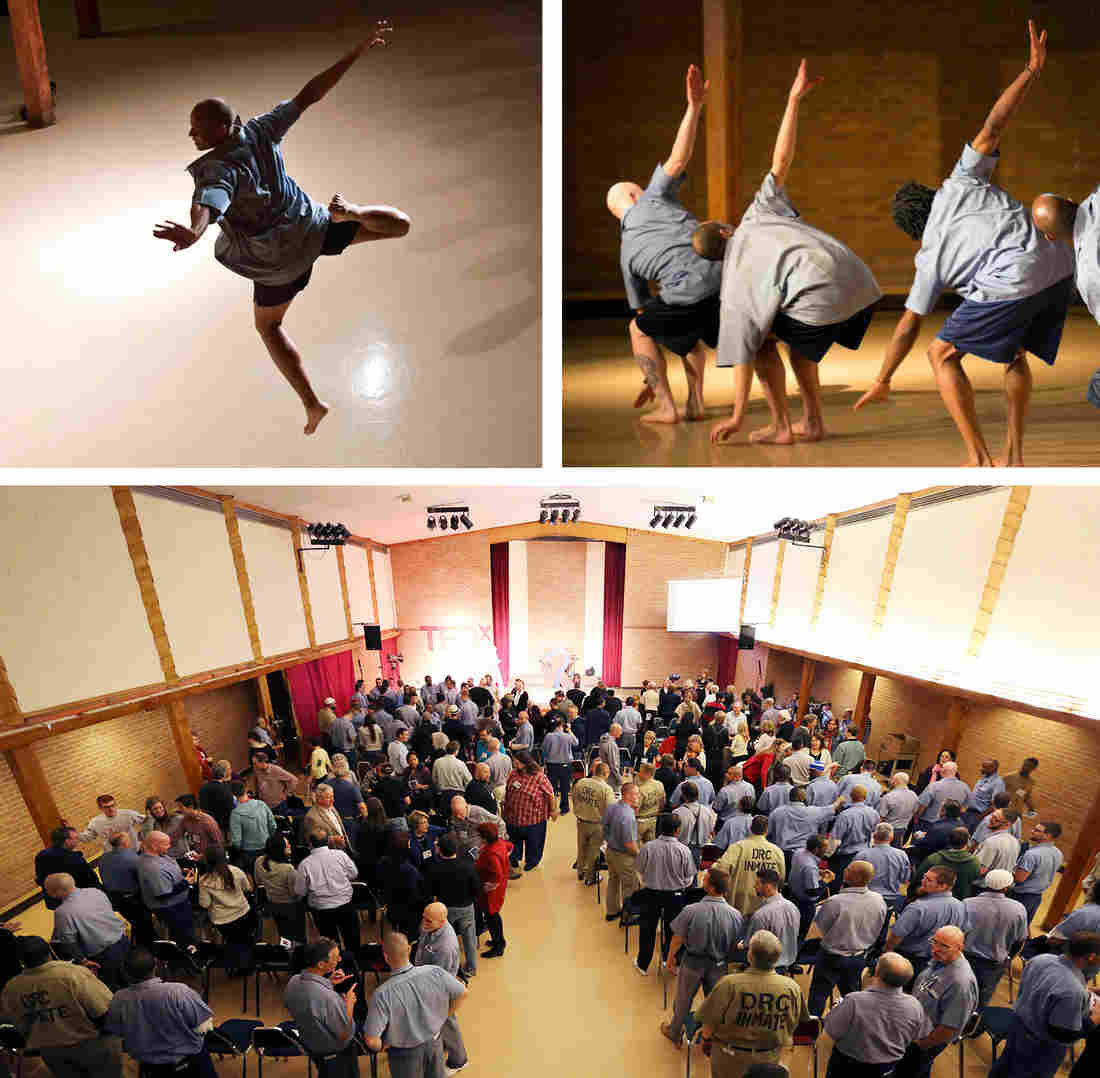 Dancers at the Marion Correctional Center in Marion, Ohio, top, perform onstage at a TEDx event in 2015. Attendees and speakers at the event included prison inmates and visitors.